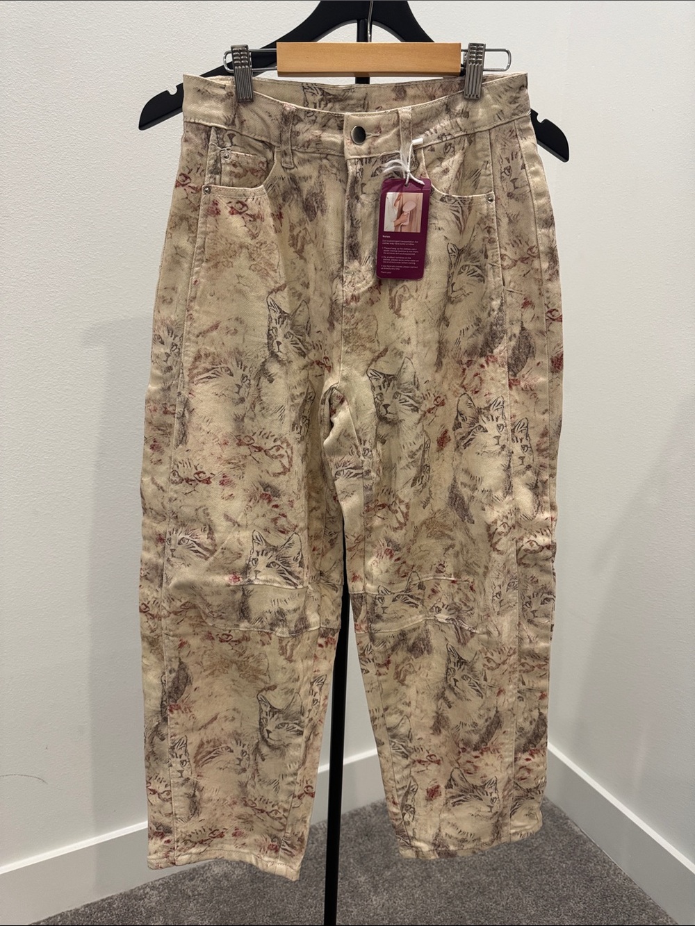 Wide-Leg Floral/Cat Print Jeans - Cream - Picture 3 of 3